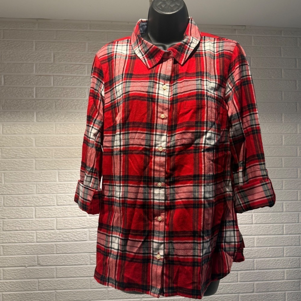 Tommy Hilfiger Womens Red Plaid 3/4 Sleeve Button Down Shirt Large‎ L